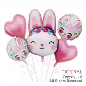 SET DE GLOBOS METALIZADO CONEJA ROSA 5 UNIDADES 